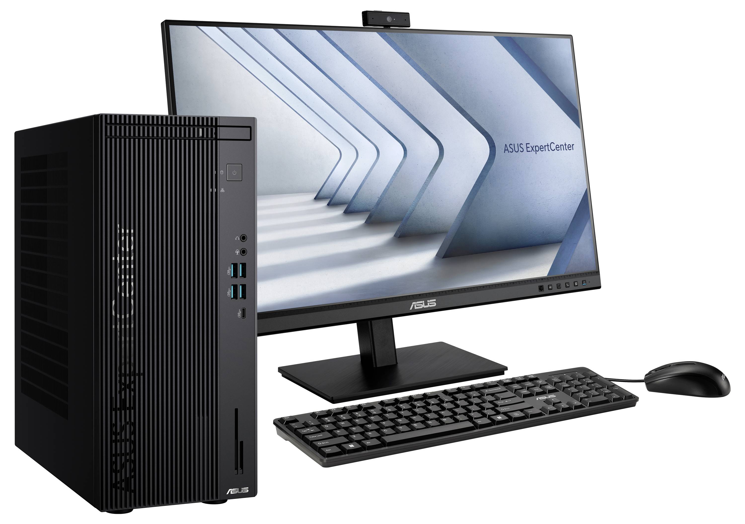 Komputer stacjonarny z monitorem, klawiaturą i myszą. Monitor wyświetla napis 'ASUS ExpertCenter'.