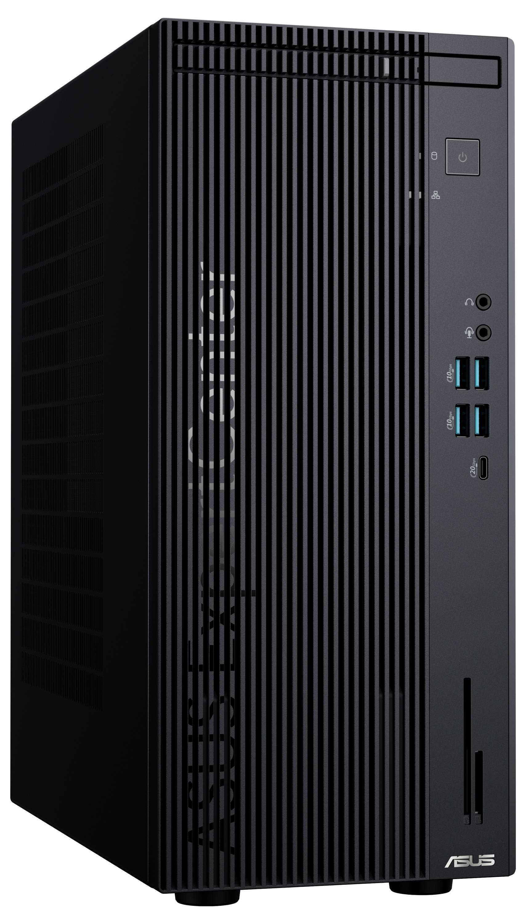 Czarny tower komputera stacjonarnego z pionowymi otworami wentylacyjnymi, kilkoma portami USB i przyciskiem zasilania z przodu.