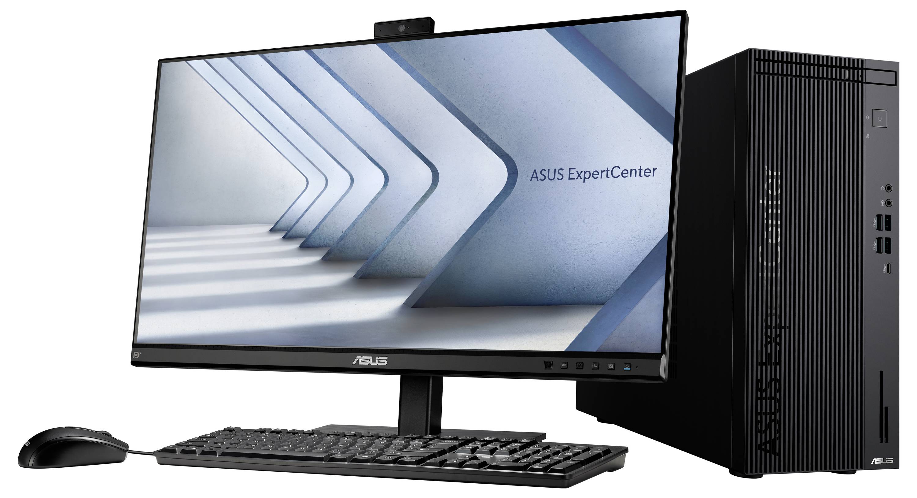 Stanowisko komputerowe z komputerem stacjonarnym, monitorem, klawiaturą i myszą. Na ekranie wyświetlany jest stylizowany obraz z geometrycznymi kształtami oraz tekstem 'ASUS ExpertCenter'.