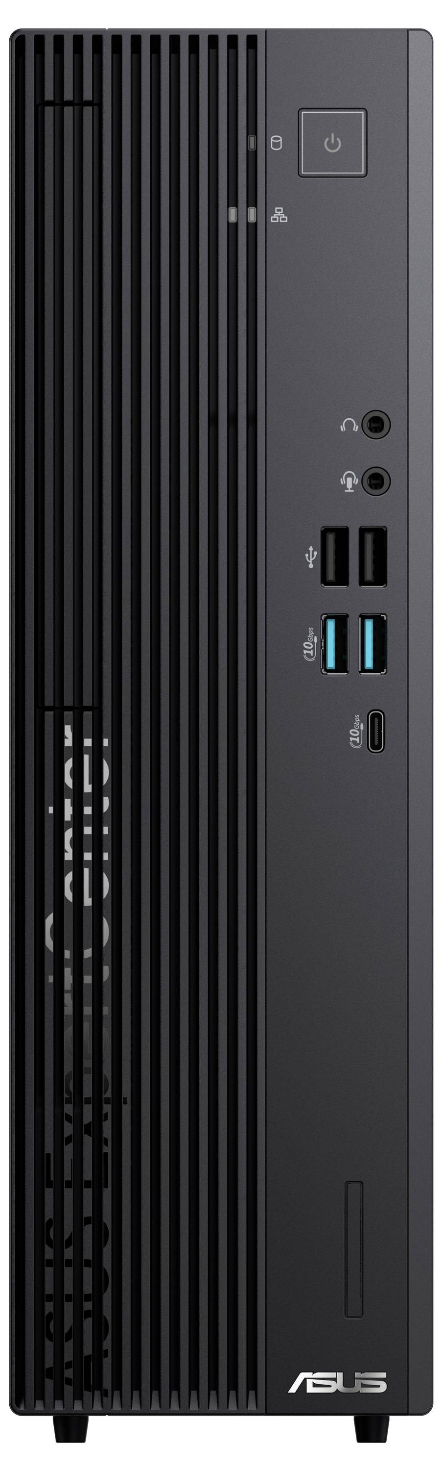 Smukły czarny komputer stacjonarny z wieloma portami USB, złączami audio oraz przyciskiem zasilania na przedniej ściance.