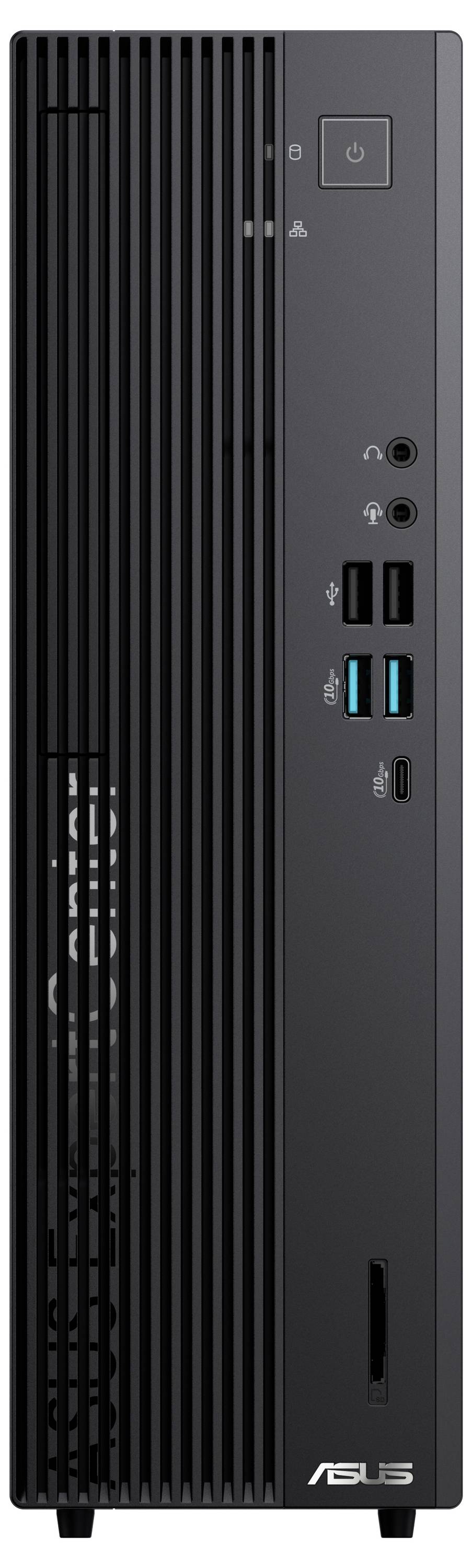 Czarny kompaktowy komputer stacjonarny ASUS z przodu, z wieloma portami USB, gniazdami audio oraz włącznikiem zasilania na górze.