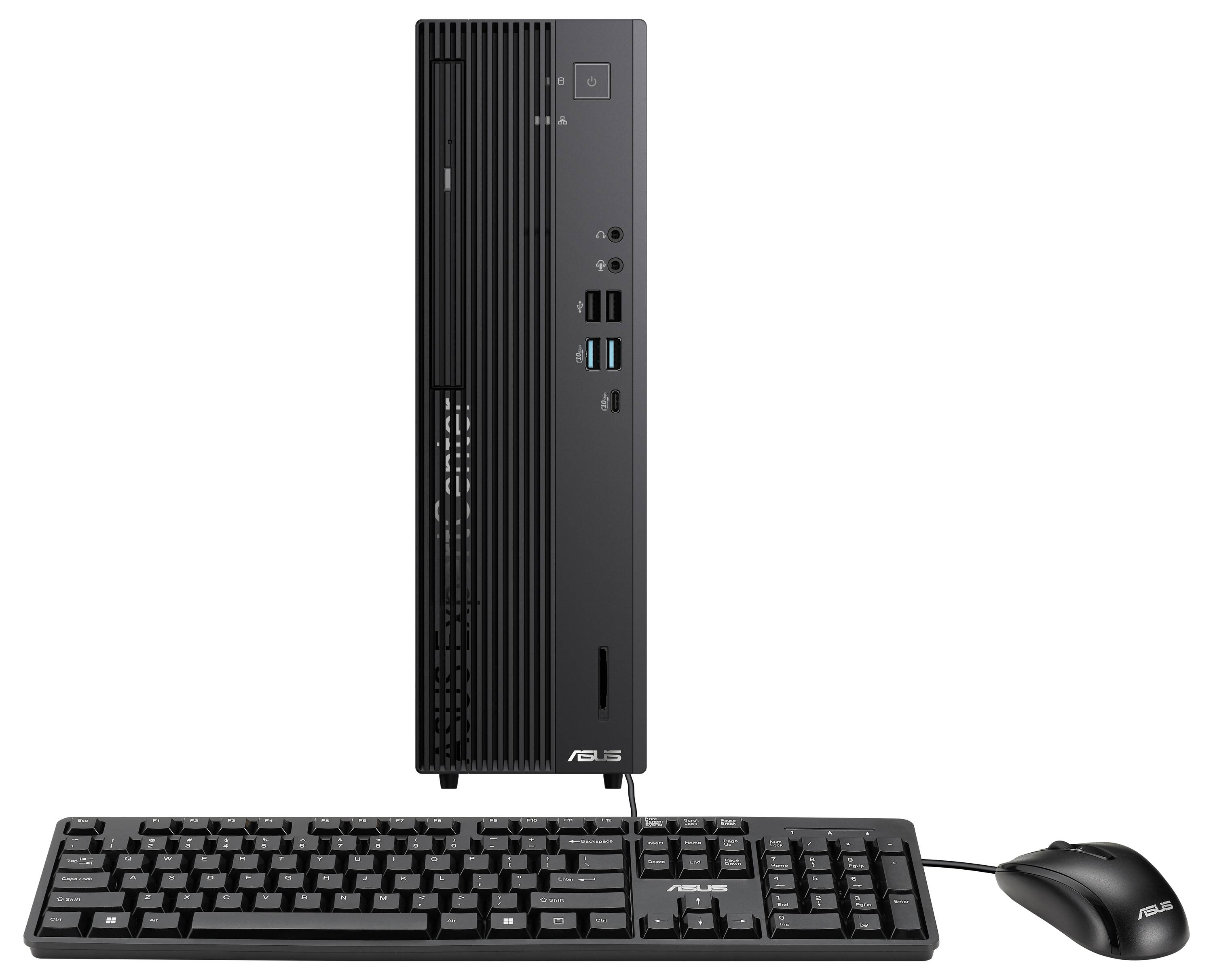 Czarny tower ASUS w pozycji pionowej stoi za klawiaturą, obok niego znajduje się mysz.