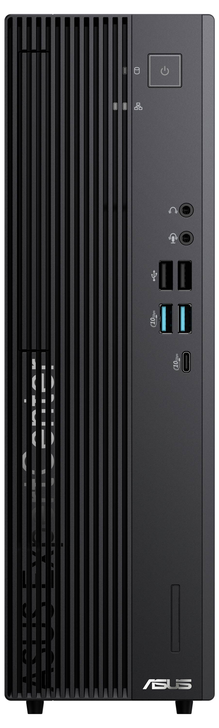 Czarny komputer stacjonarny ASUS widziany z przodu w pionie, z wieloma portami USB, gniazdami audio, przyciskiem zasilania i otworami wentylacyjnymi.