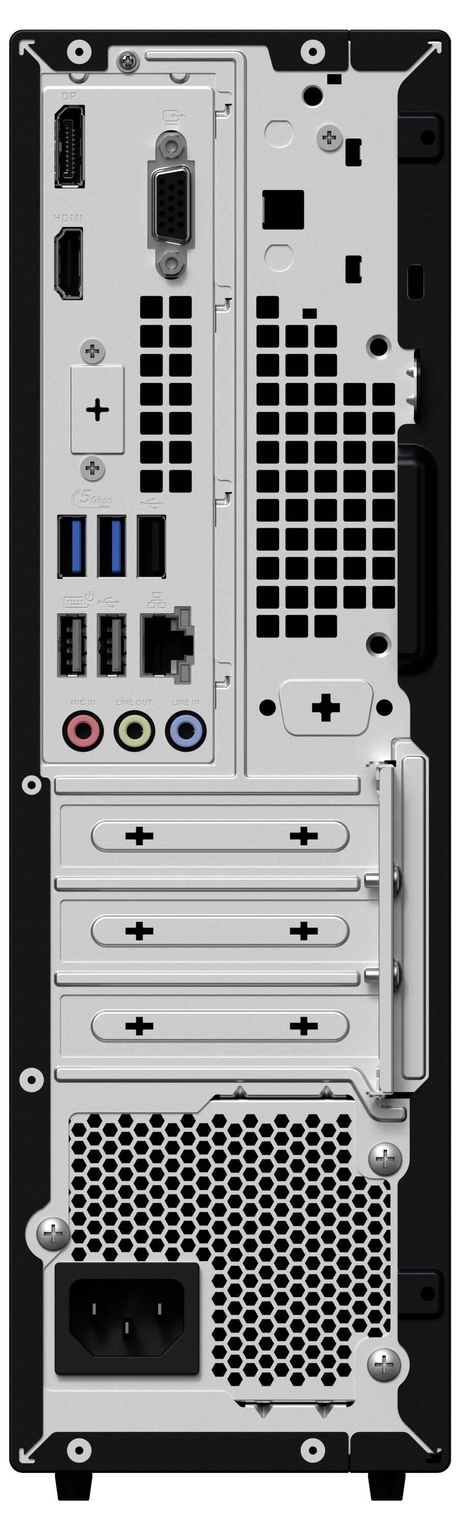 Widok z tyłu obudowy komputera z wieloma portami, w tym USB, HDMI, złączami audio oraz gniazdem zasilania.