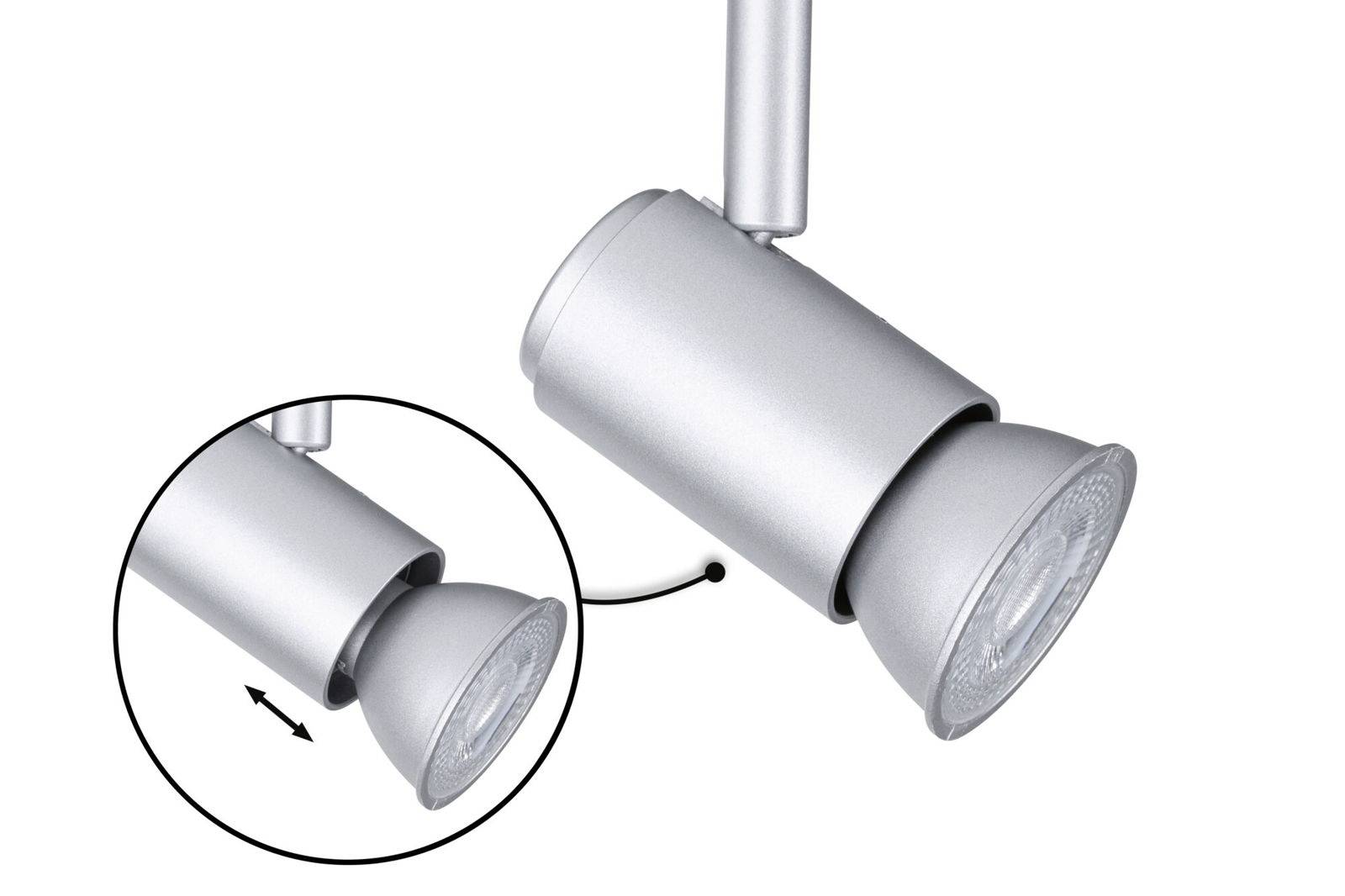 Srebrny plafon sufitowy z możliwością regulacji kąta nachylenia głowicy lampy, przedstawiony za pomocą strzałek.