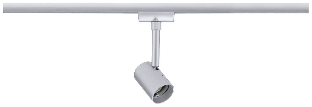 Srebrna lampa szynowa, zamontowana na prostym pręcie, skierowana jest w dół. Idealna do precyzyjnego oświetlenia wnętrz.