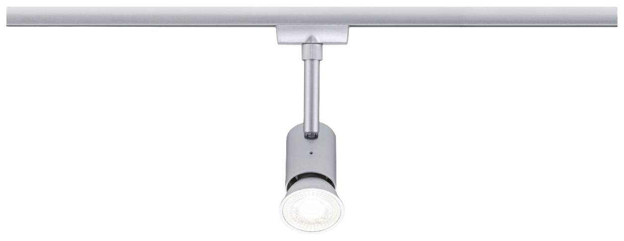 Srebrny system szynowy z cylindrycznym reflektorem LED skierowanym w dół. Idealny do precyzyjnego oświetlenia.