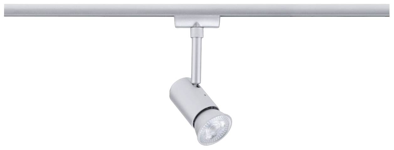 Srebrny reflektor wiszący na szynie, świecący w dół. Idealny do precyzyjnego oświetlenia wnętrz.