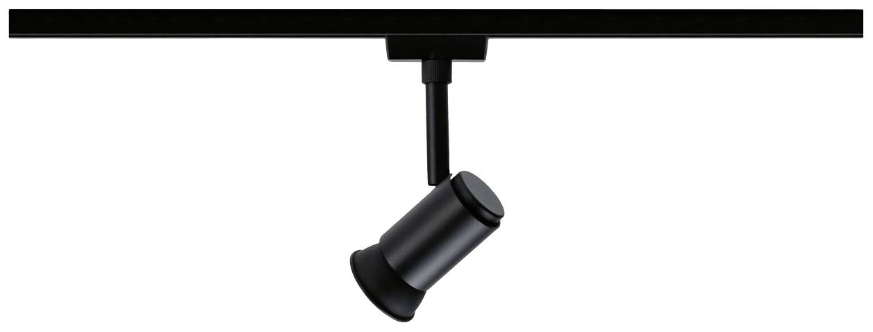 Pojedynczy, czarny reflektor jest zamontowany na czarnej szynie i skierowany w dół.
