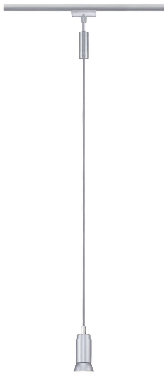 Prosta, wisząca srebrna lampa sufitowa z długim przewodem. Idealna do nowoczesnych wnętrz.