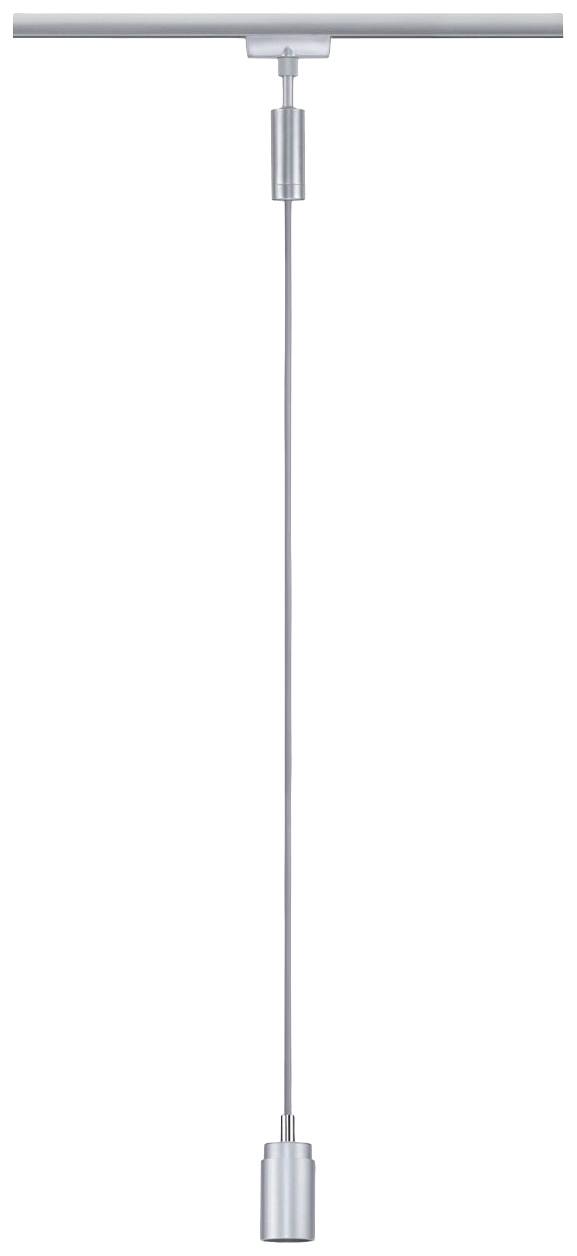 Srebrna lampa wisząca z wąskim, cylindrycznym kloszem i długim przewodem, idealna do nowoczesnych wnętrz.