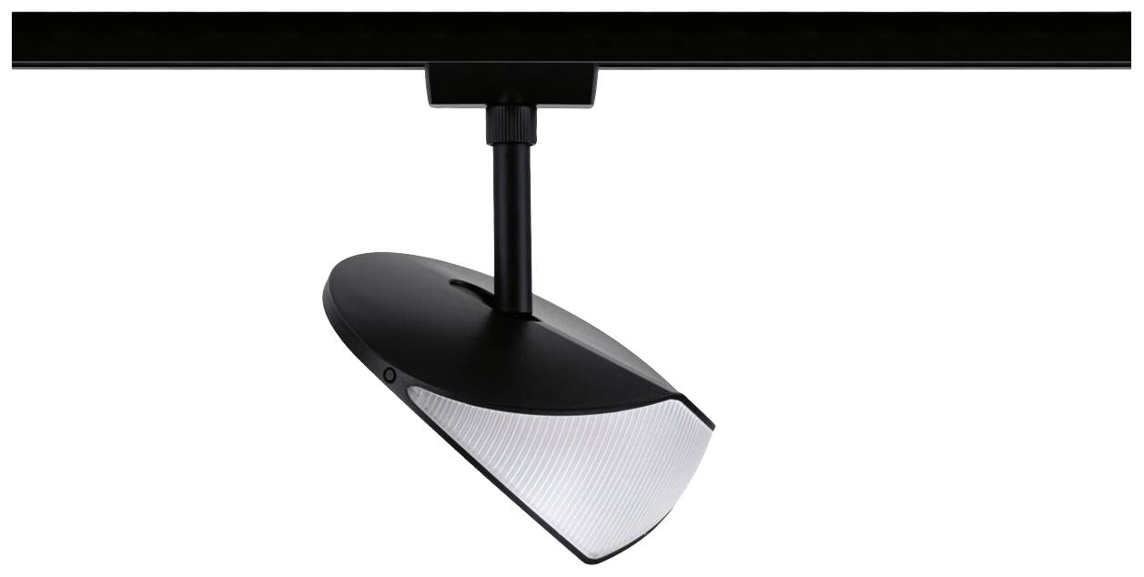 Czarny reflektor jest zamontowany na słupie pod szyną, gotowy do oświetlenia powierzchni.