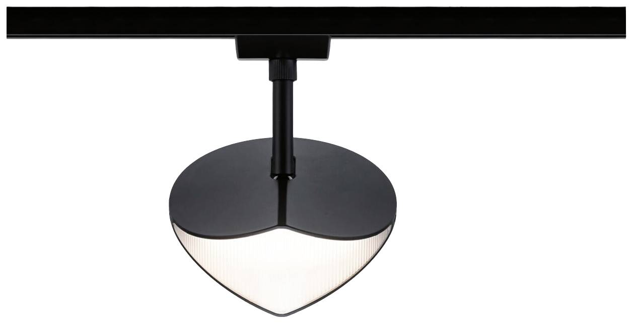 Czarna lampa szynowa z białym, podświetlonym dyfuzorem w kształcie serca, zawieszona na czarnym metalowym pręcie.