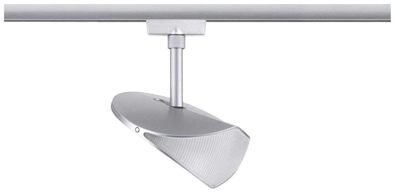 Srebrny system szynowy z regulowanym, owalnym reflektorem LED zwisa z aluminiowego pręta.