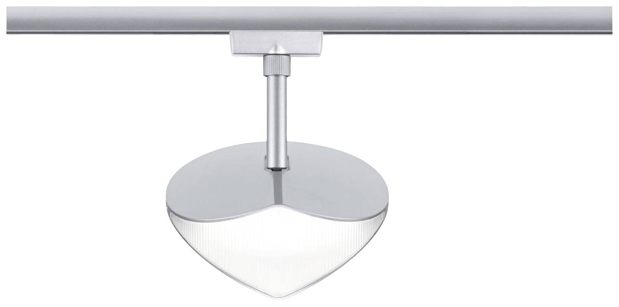 Nowoczesna, srebrna lampa sufitowa z abażurem w kształcie serca, zawieszona na prostej szynie.