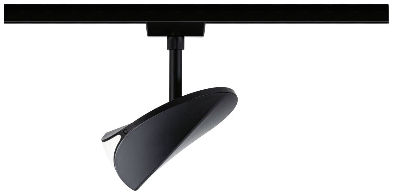 Nowoczesna czarna lampa szynowa o krągłym kształcie, zamontowana na suficie. Idealna do precyzyjnego oświetlenia.