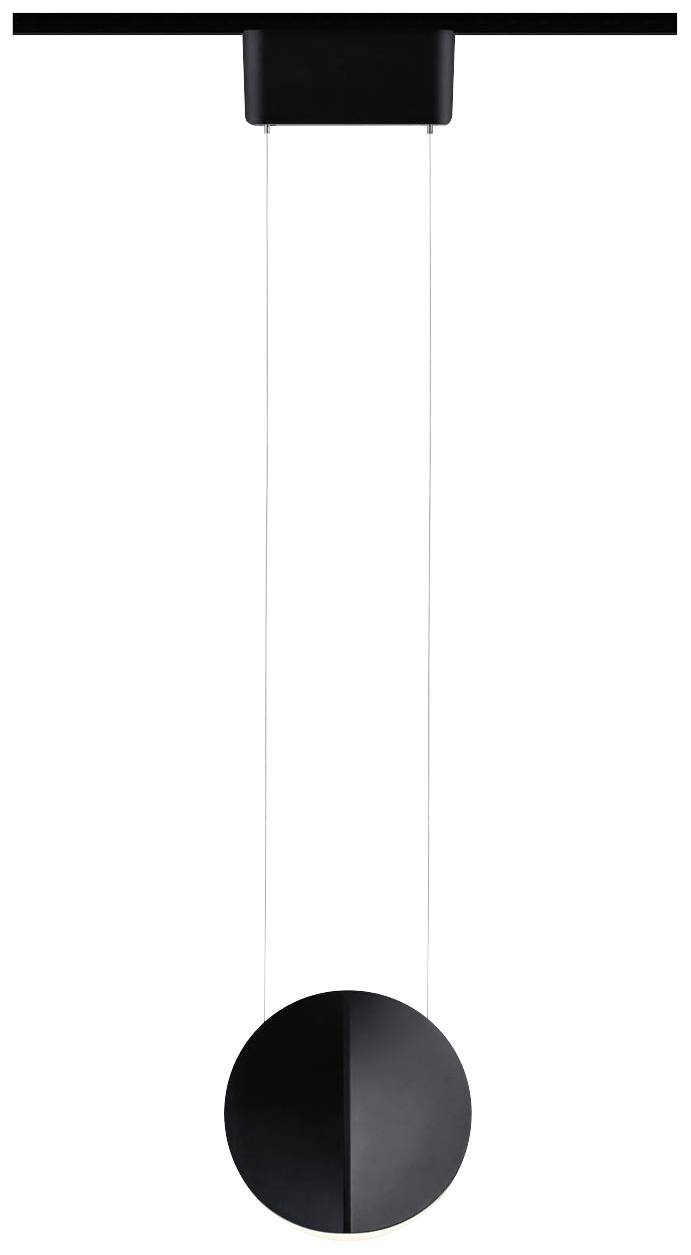 Nowoczesna czarna lampa wisząca z owalnym kloszem, zawieszona na cienkich linkach sufitowych. Prosta, elegancka oprawa oświetleniowa.