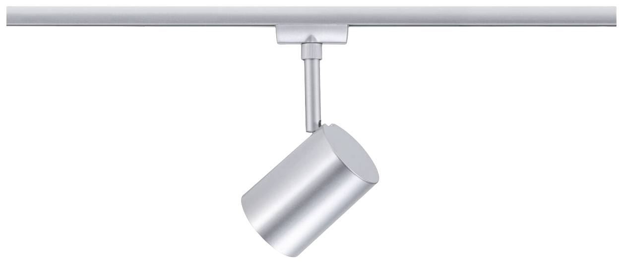 Cylindryczny plafon szynowy w kolorze srebrnym.