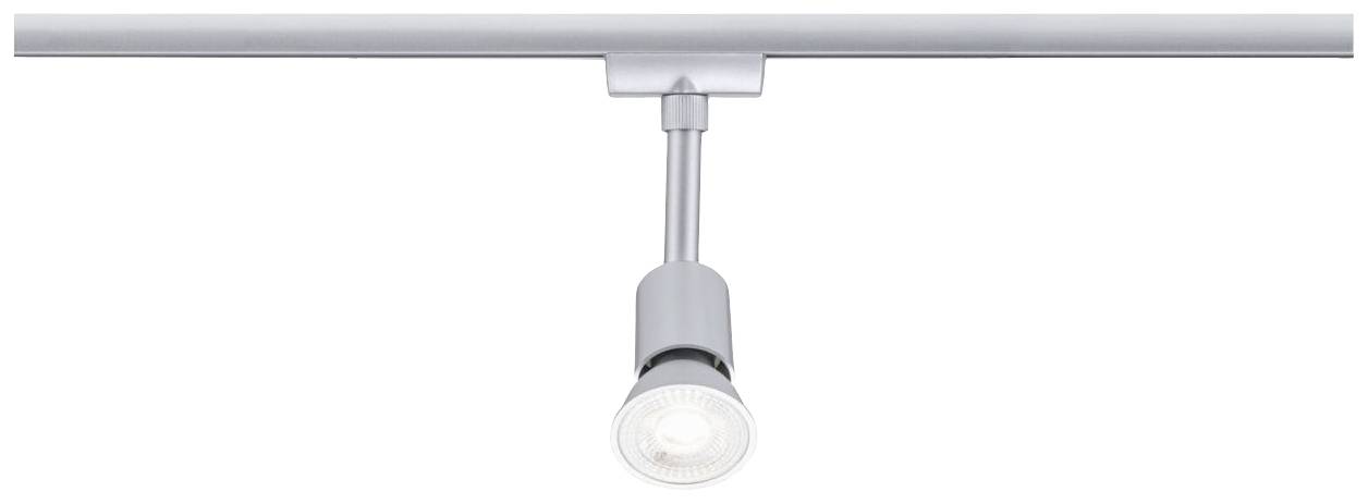 Srebrna lampa sufitowa z okrągłym reflektorem LED, zamontowana na szynie, zapewnia precyzyjne oświetlenie.