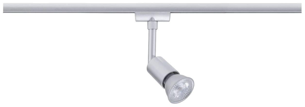 Pojedynczy reflektor sufitowy z metalu zamontowany na szynie, nowoczesny i minimalistyczny, rzucający światło bezpośrednio w dół.