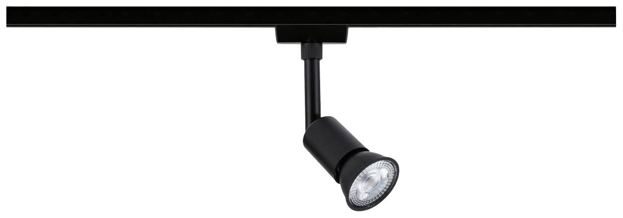 Pojedyncza czarna lampa szynowa z okrągłą głowicą, zamocowana na czarnej szynie sufitowej, skierowana w dół jasnym strumieniem światła LED.