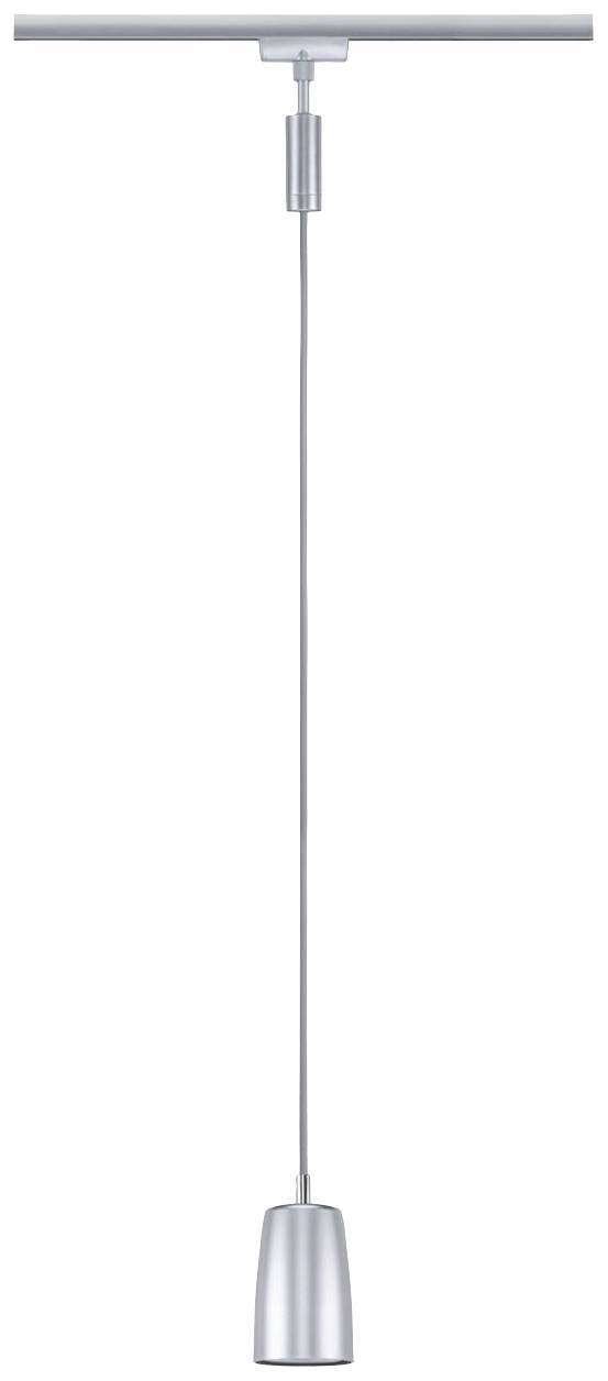 Srebrna lampa wisząca z wąskim, cylindrycznym kloszem zwisa na kablu z mocowania sufitowego.