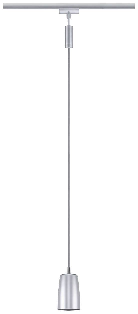 Metalowa lampa wisząca z wąskim, cylindrycznym kloszem zawieszona na długim przewodzie na prostej szynie.