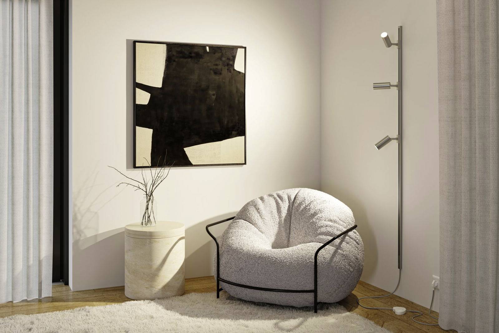 Przytulny kącik z miękkim, pluszowym fotelem, nowoczesną lampą stojącą, okrągłym drewnianym stolikiem oraz abstrakcyjnym dziełem sztuki na ścianie.