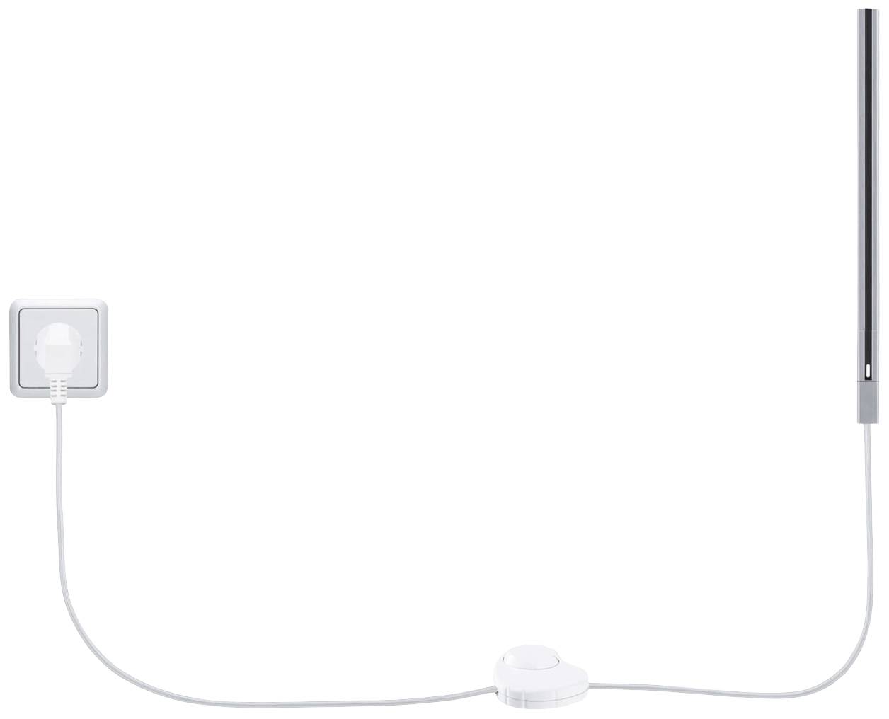 Smukły, srebrny pręt z białym przewodem prowadzącym do gniazdka elektrycznego. Pośrodku przewodu znajduje się okrągły przełącznik.