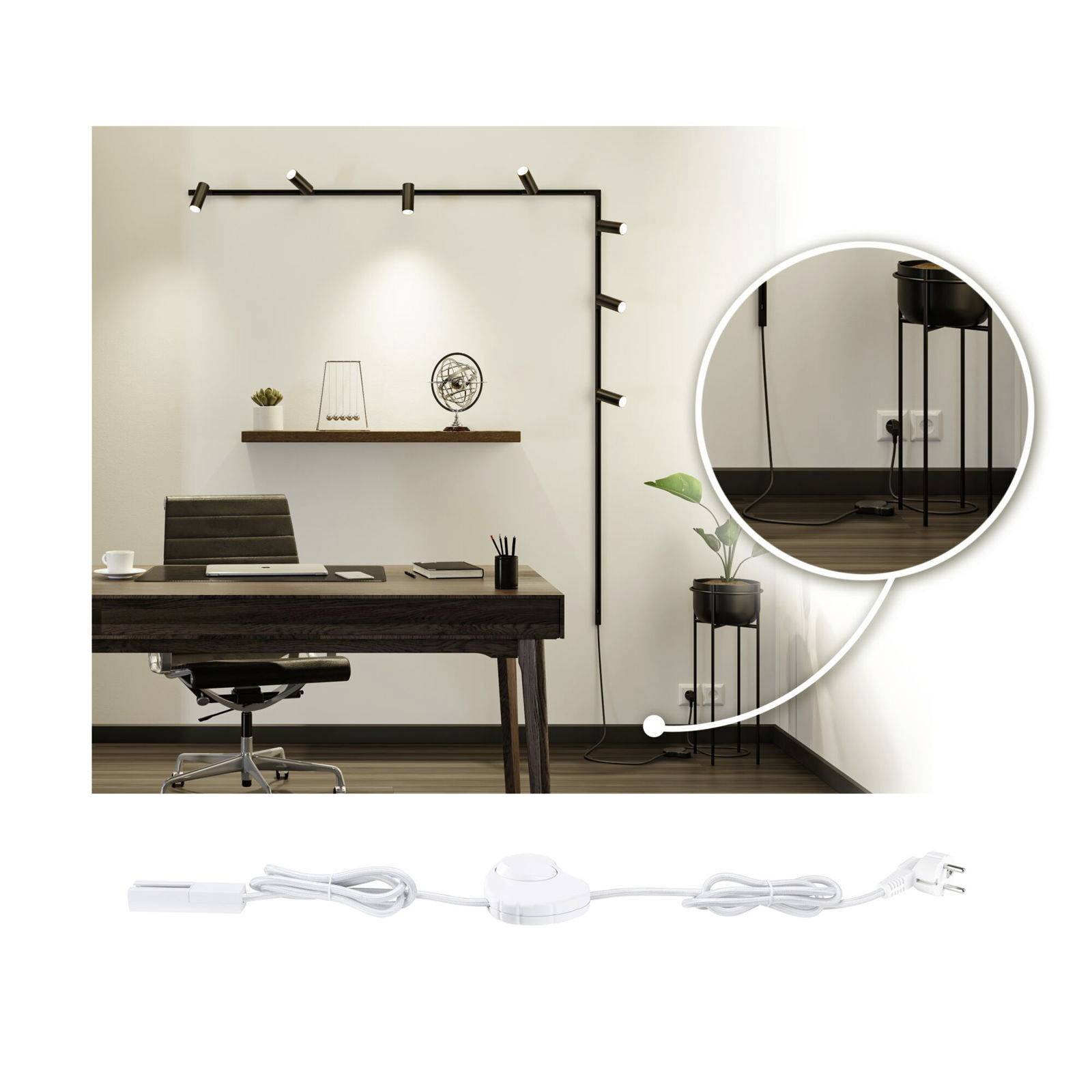 Biuro z biurkiem, krzesłem i kinkietem naściennym. Szczegółowy widok przedstawia stojak na rośliny z gniazdkiem elektrycznym poniżej. Neutralne odcienie kolorów.