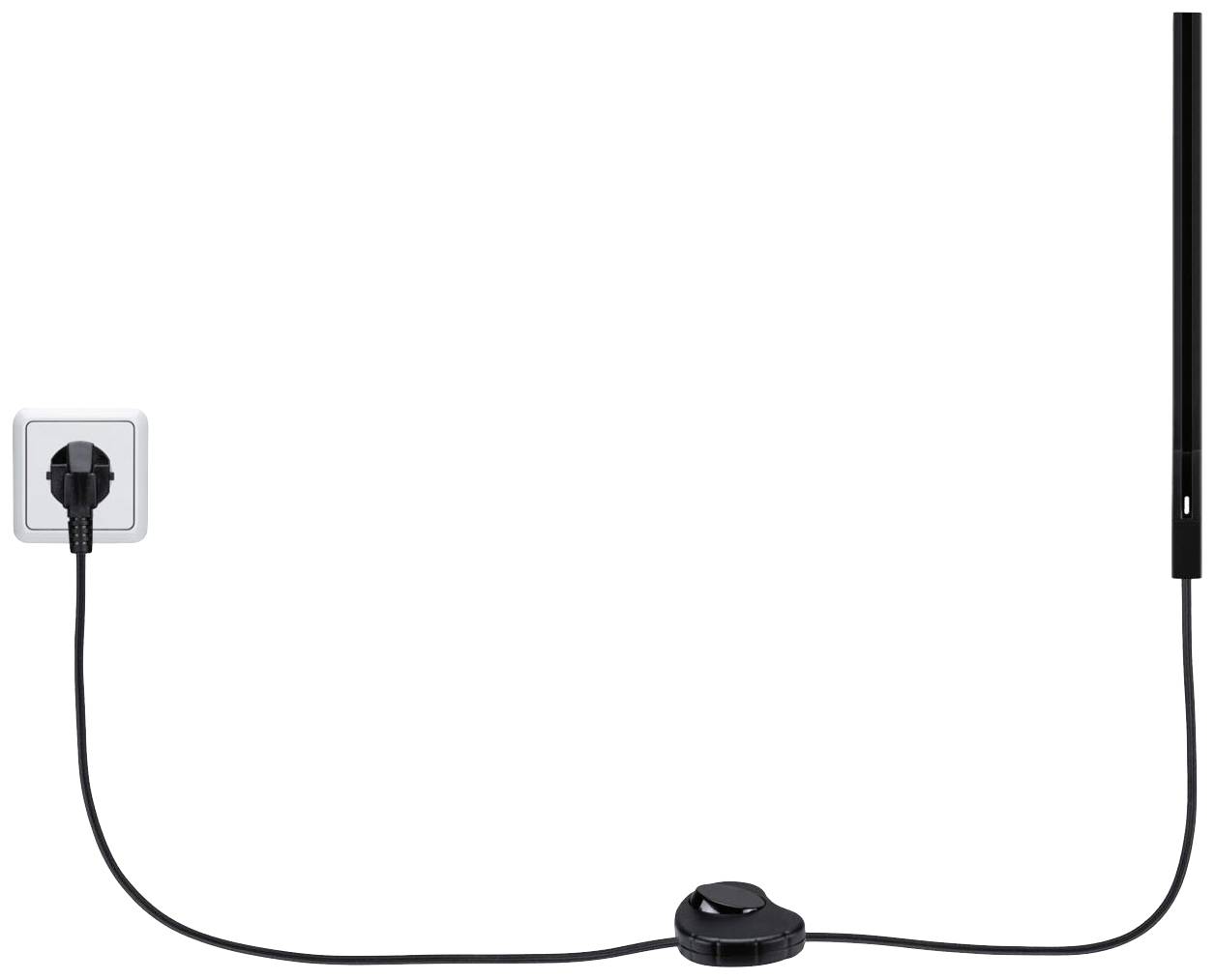 Czarny kabel łączy gniazdko elektryczne po lewej stronie z ciemnym przełącznikiem pośrodku i styka się z wąskim, pionowym prętem po prawej stronie.