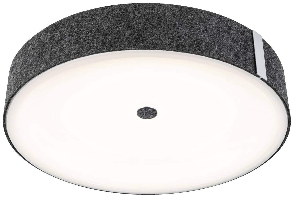 Okrągła lampa sufitowa z czarną ramką i małym kołem pośrodku.