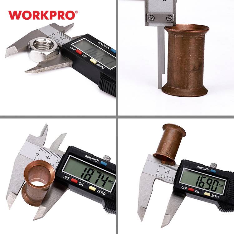 Cyfrowy suwmiarka mierzy średnicę zewnętrzną metalowej rury oraz średnicę wewnętrzną nakrętki. Wskazanie: 18,72 mm i 16,99 mm.