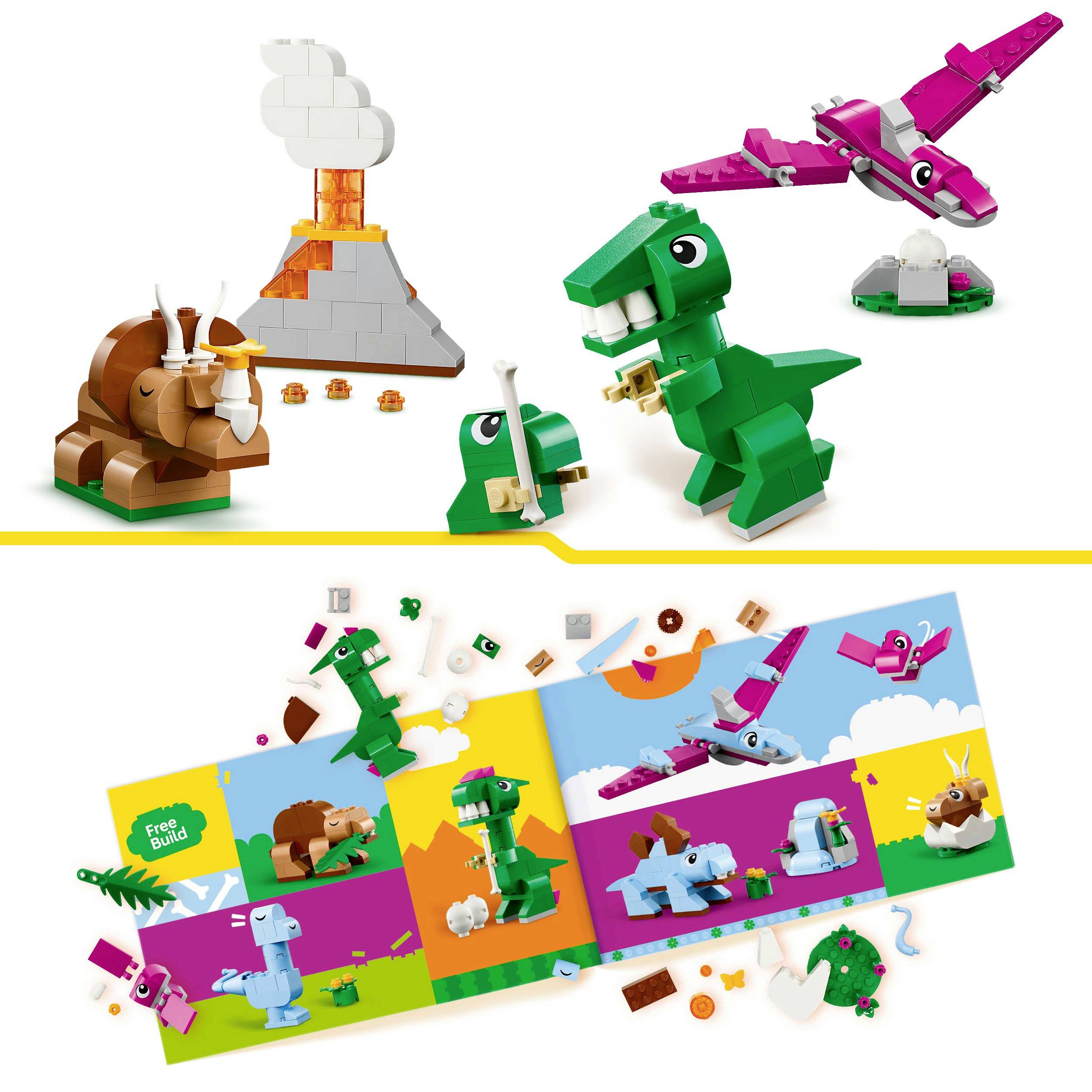 Zestaw LEGO z dinozaurami i wulkanem. Na górze zielone figurki dinozaurów i budowla wulkanu. Na dole książka instrukcyjna z kolorowymi ilustracjami.