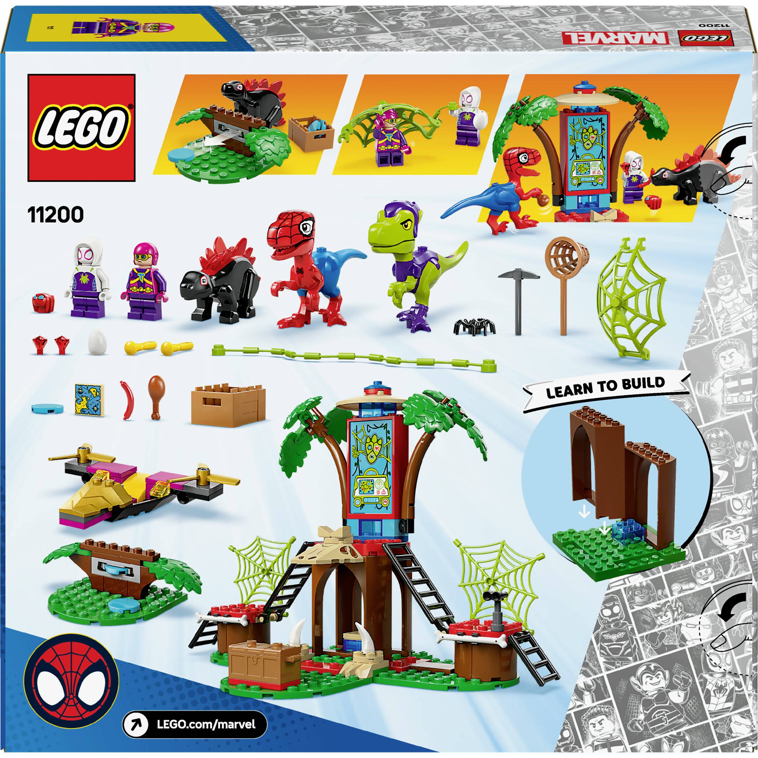 'Zestaw Lego 11200: Figurki i elementy do stworzenia domku na drzewie z motywami Spider-Mana. Zawiera figurki, elementy budowlane i akcesoria.'