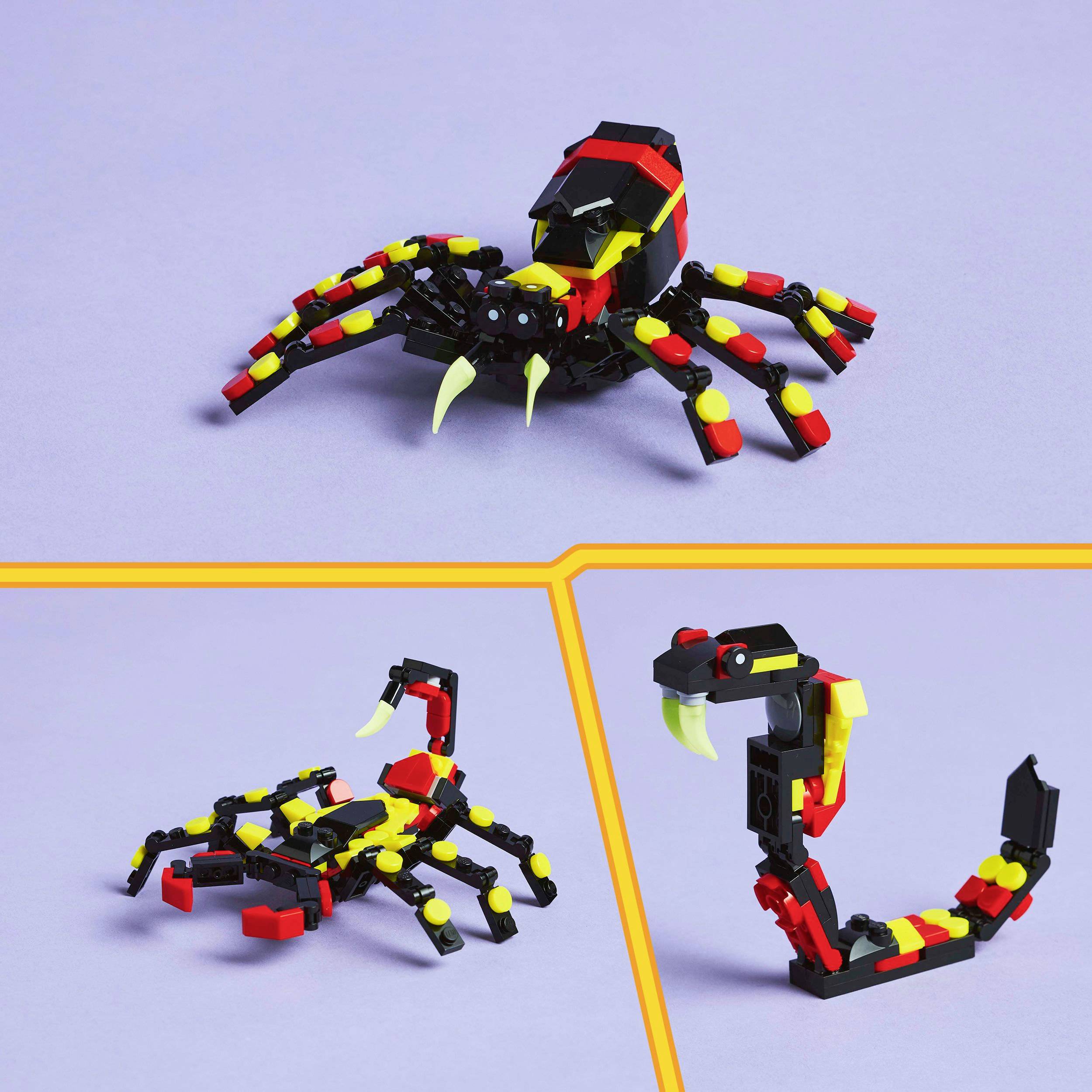 Trzy kreacje z klocków Lego: Na górze czarny i czerwony skorpion; na dole po lewej podobny skorpion; na dole po prawej czarno-czerwony robot.