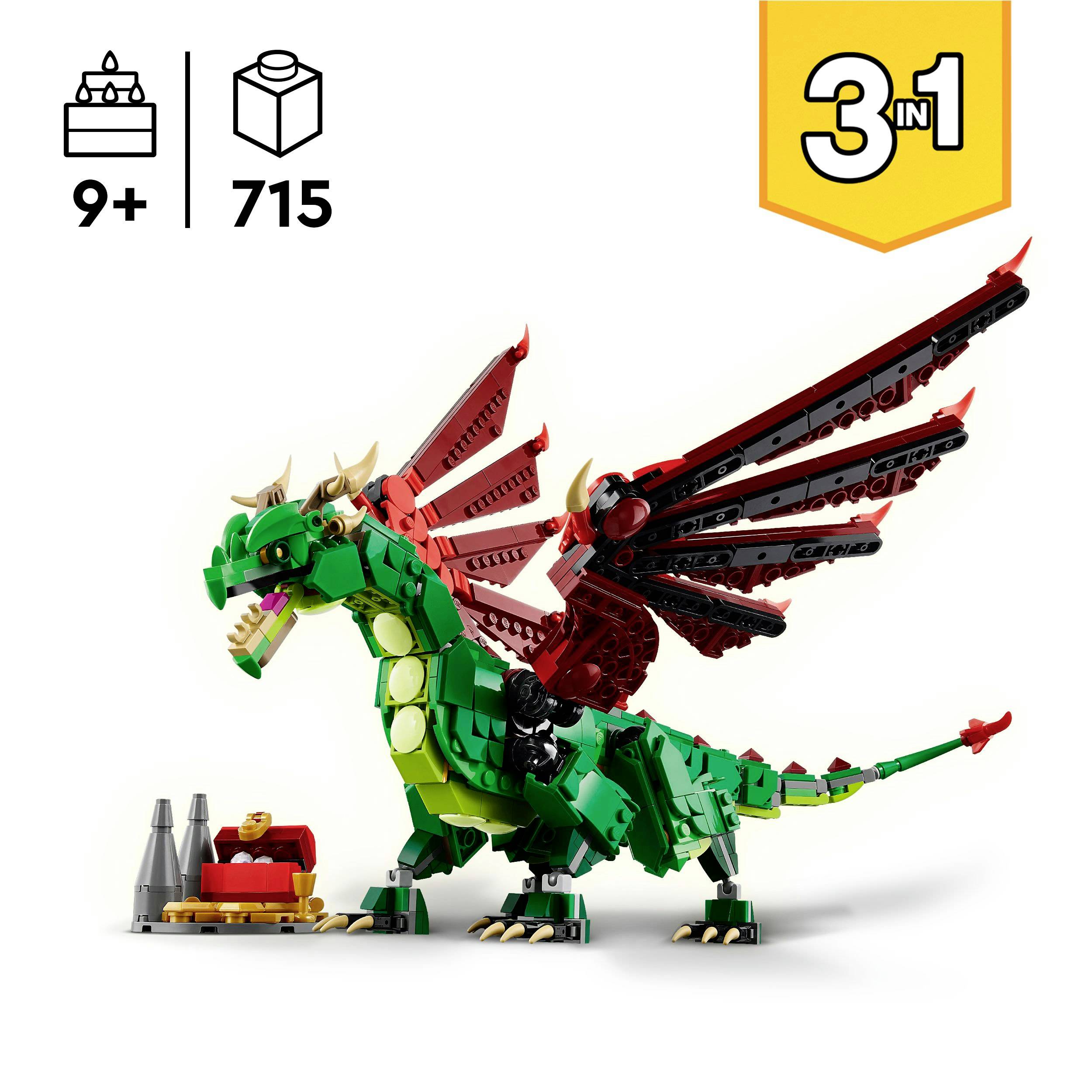 Zestaw LEGO '3 w 1' dla dzieci od 9 lat. Zawiera 715 elementów do zbudowania zielonego smoka z czerwonymi skrzydłami i złotymi detalami.