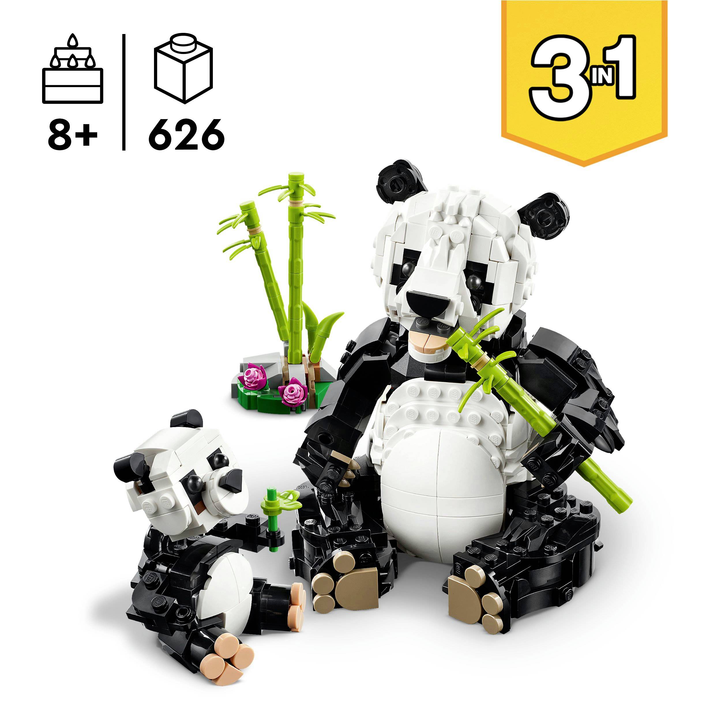 Zestaw LEGO '3 w 1' z dwoma modelami pandy, dużą siedzącą pandą i małą pandą z bambusem. Odpowiedni dla dzieci powyżej 8 lat. 626 elementów.