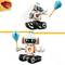 Mały robot zbudowany z klocków LEGO, z ruchomą głową i ramionami, poruszający się na gąsienicach. Trzyma niebieski balon.