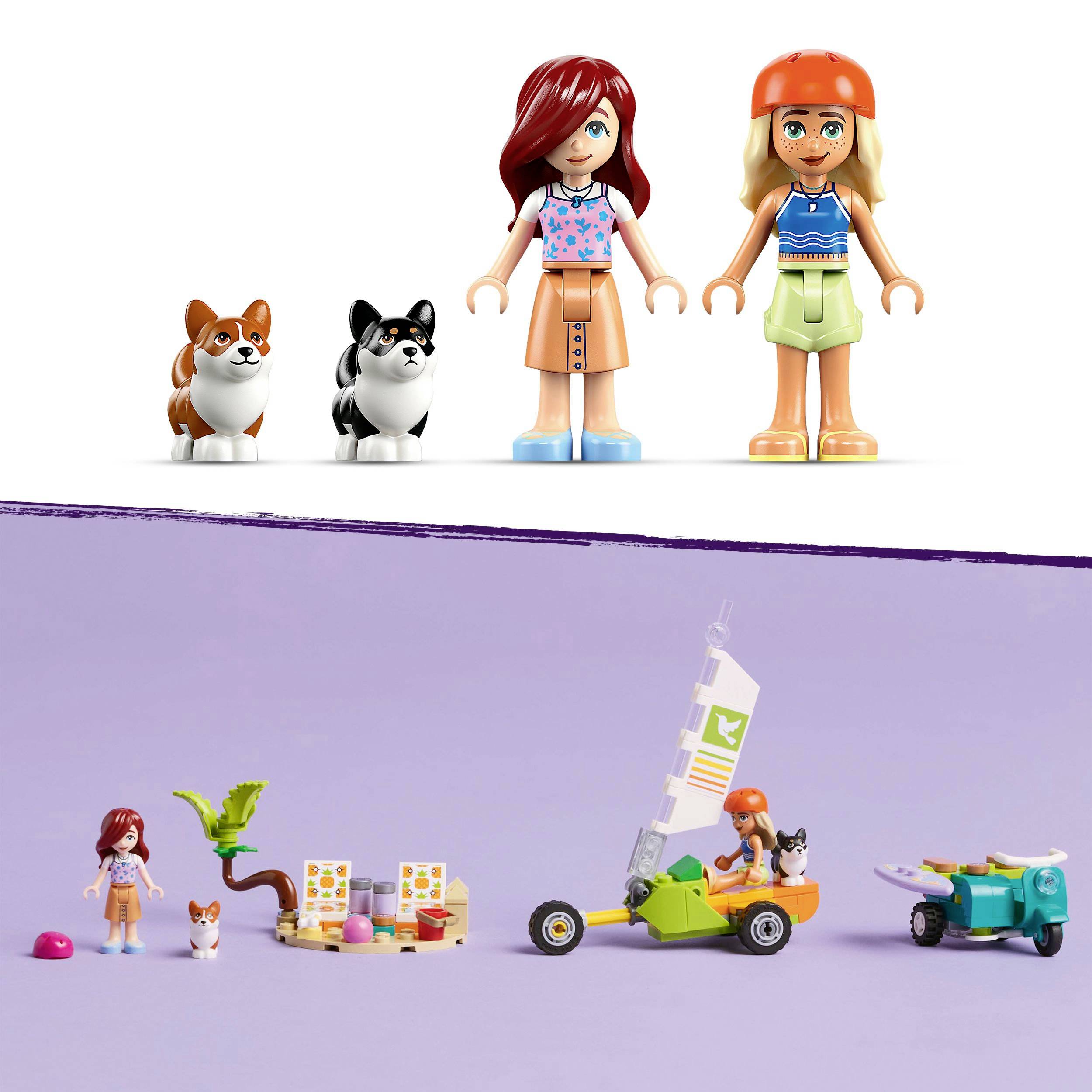 Dwie figurki z czerwonymi i pomarańczowymi nakryciami głowy oraz dwie małe figurki zwierząt. W tle scena z zabawkowym samochodem i drzewem.