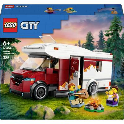 Zestaw Lego z czerwonym kamperem, dwie figurki siedzą przy ognisku w lesie. Tekst: '6+ Kamper miejski Wakacyjny 385 elementów'.