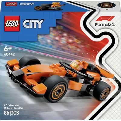 Zestaw LEGO City: Samochód wyścigowy McLaren z kierowcą od 6 lat; zawiera 86 elementów; na opakowaniu widoczny pomarańczowy samochód wyścigowy.