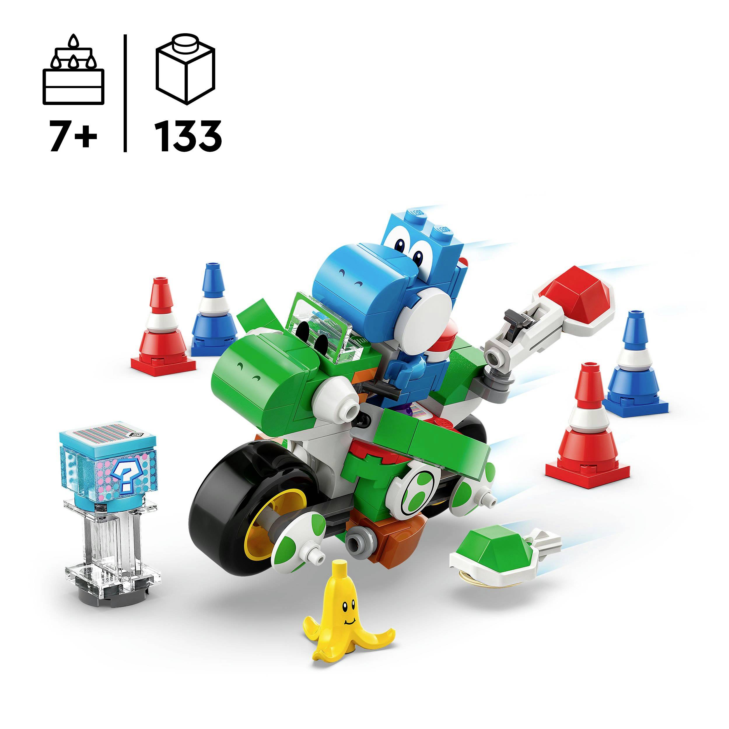Zestaw Lego Yoshi dla dzieci powyżej 7 roku życia z 133 elementami. Zawiera Yoshiego na motorze, funkcjonalny panel z kostką oraz kolorowe stożki.