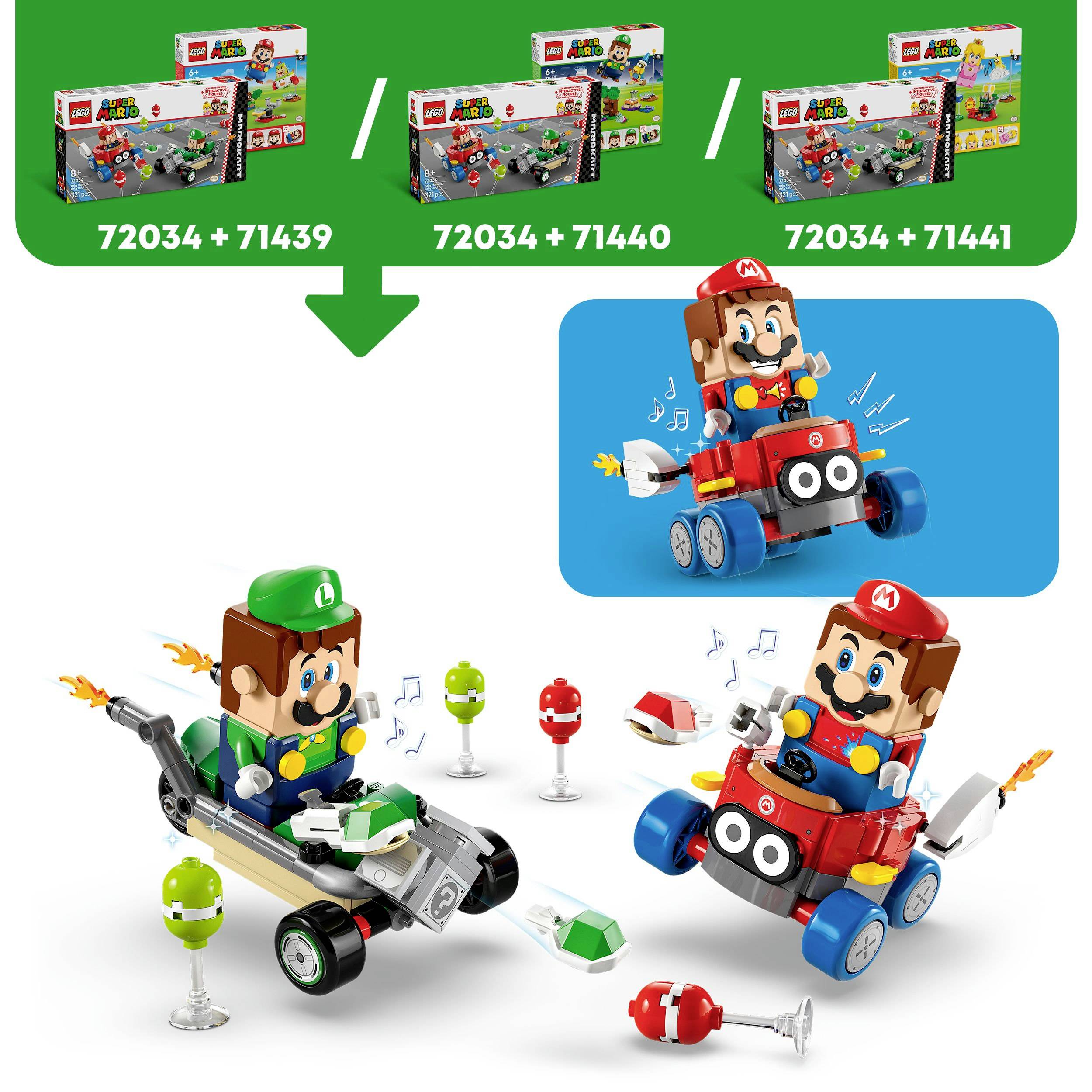 Zestawy 'LEGO Super Mario' można łączyć. Po lewej: zestaw Luigi'ego (72034 + 71439), w środku: zestaw Mario (72034 + 71440), po prawej: Mario w gokardzie (72034 + 71441).