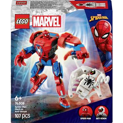 Opakowanie zestawu LEGO z logo Marvel przedstawia czerwonego robota Spider-Mana i białego robota Anti-Venom w bojowej pozie. Zawiera 107 elementów.