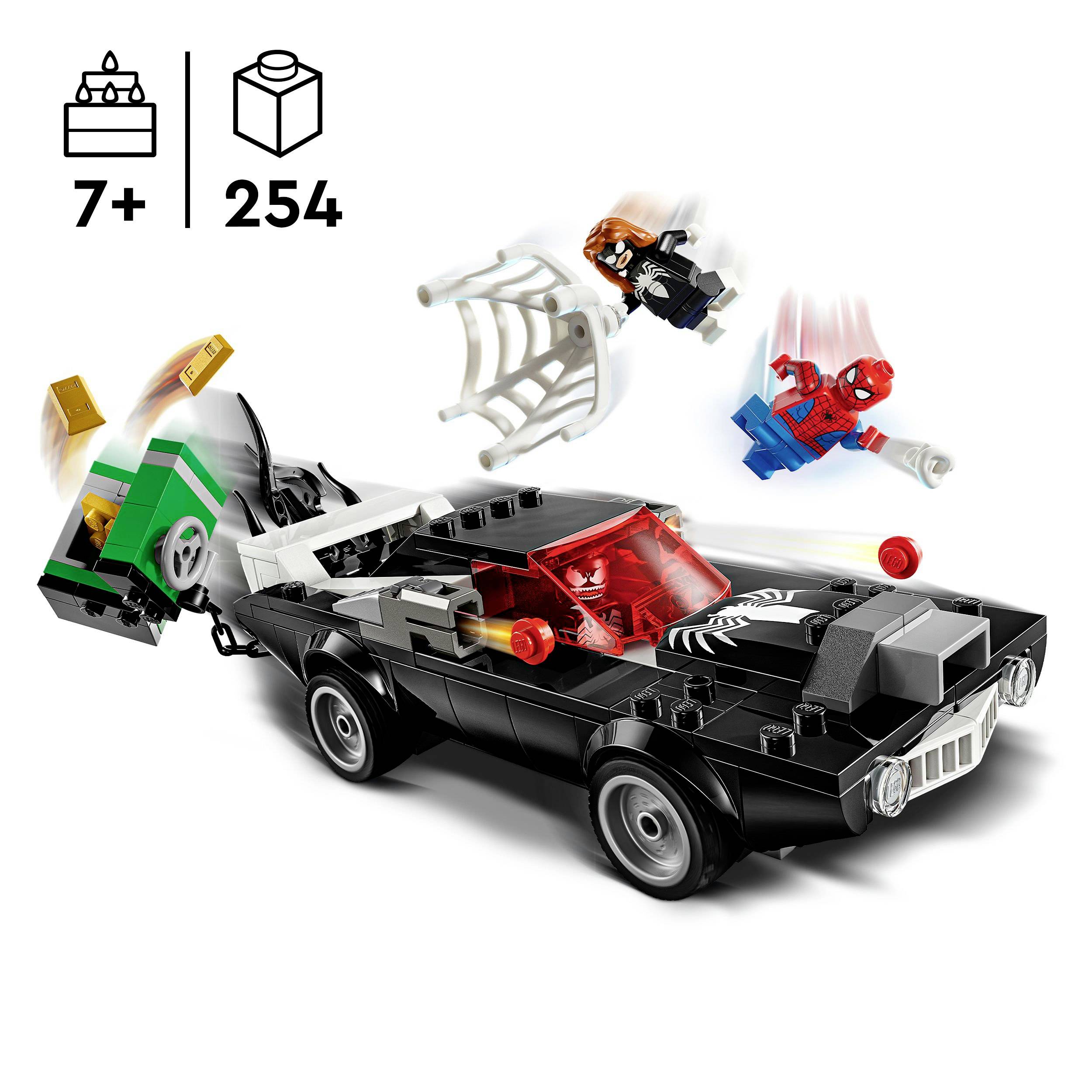 Zestaw LEGO dla dzieci powyżej 7 roku życia z 254 elementami. Przedstawia czarny samochód z częściami dodatkowymi i miniaturową figurką Spider-Mana.