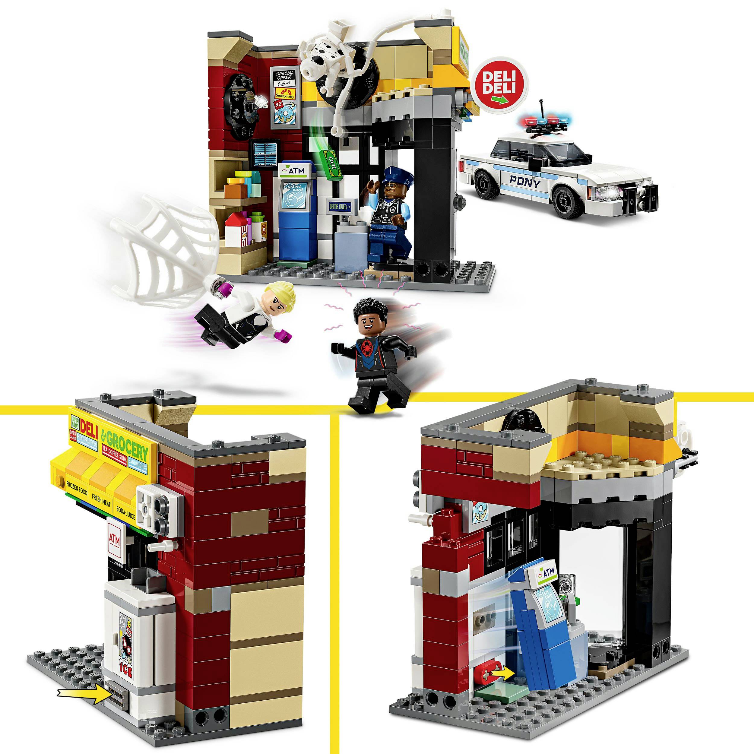 Zestaw LEGO z superbohaterami i policjantem przed mini-sklepem i samochodem policyjnym. Przedstawiono szczegóły konstrukcyjne i scenę zabawy.