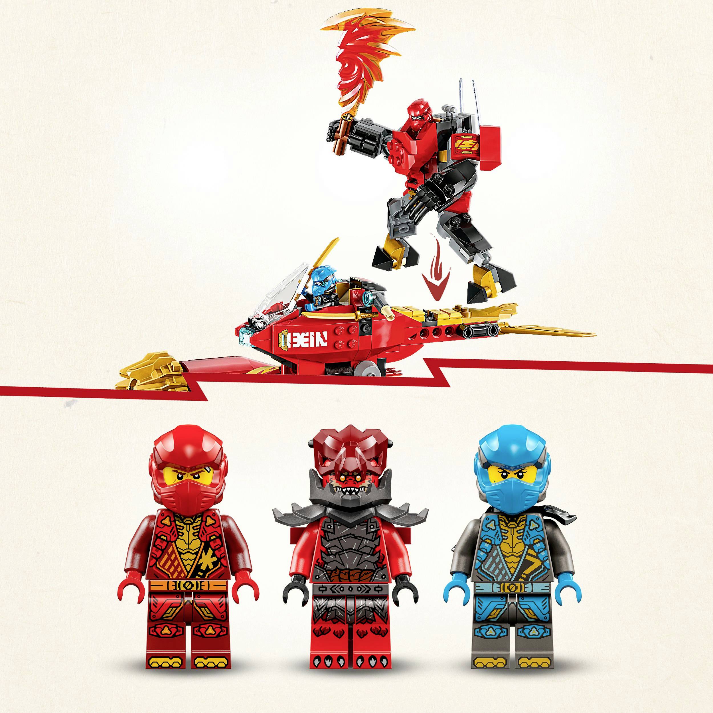 Trzy figurki LEGO z serii Ninjago. Dwóch łowców smoków stoi w bojowej pozie. Czerwony ninja na smoczym pojeździe.