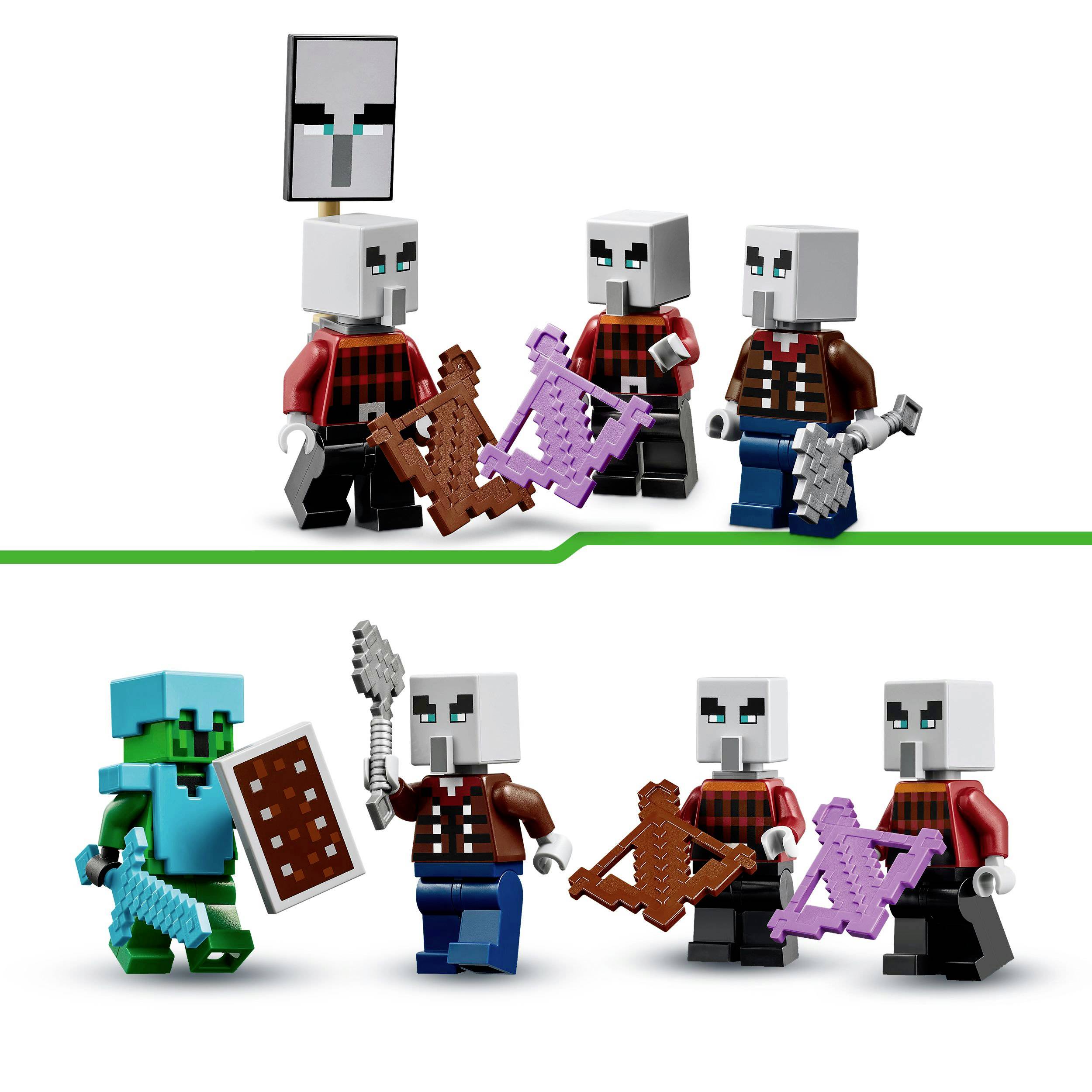 Cztery postacie z klocków zabawkowych z bronią; górny rząd: trzy postacie w kolorze czerwonym; dolny rząd: jedna postać w kolorze zielonym z tarczą.