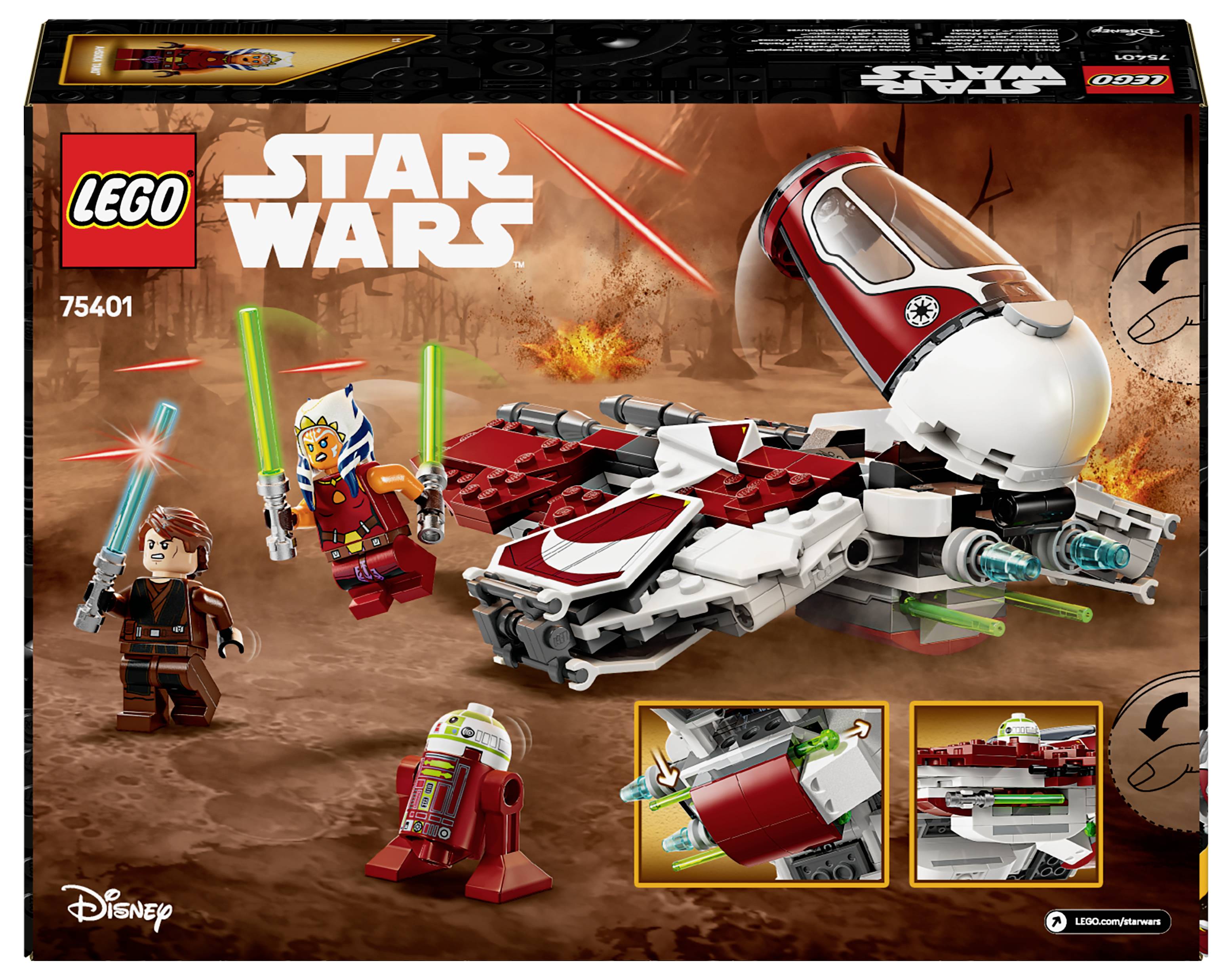Zestaw Lego 'Star Wars' 75401: Zawiera dwie figurki z mieczami świetlnymi, droida astromechanicznego oraz mały statek kosmiczny w stylu kosmicznym.